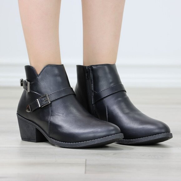 Womens Ankle Boots Low Block Heel Black Synthetic Leather Pointed Toe Buckles - Picture 8 of 11